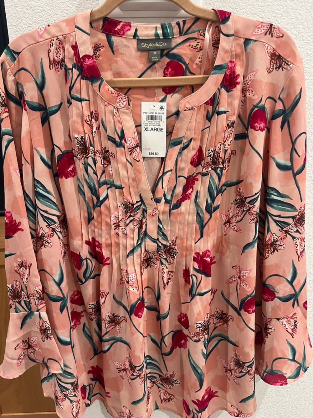 Style & Co. Peach Floral Pintuck Peasant Blouse XL